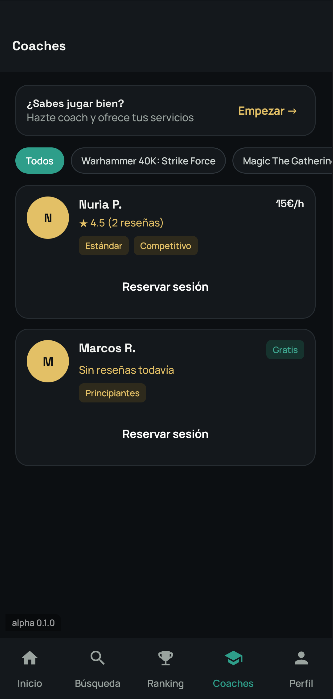 Listado de coaches disponibles en WarPlayApp con sus valoraciones