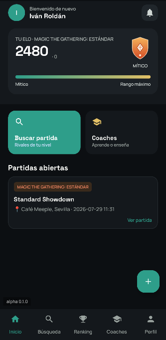 Pantalla de inicio de WarPlayApp con tu ELO y las partidas abiertas cerca de ti