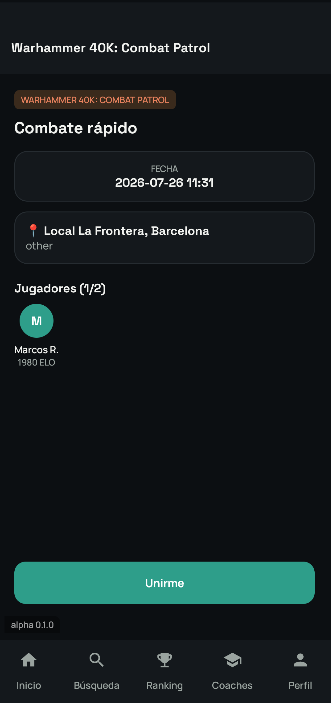 Lobby de una partida de WarPlayApp con la opción de unirse