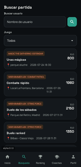 Pantalla de búsqueda de partidas por juego y zona en WarPlayApp